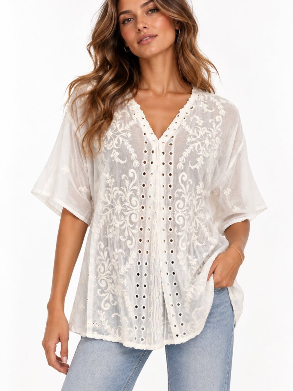 JOHNNY WAS Ivory Embroidered Tunic Kimono Blouse Large Short Sleeve